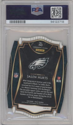 Jalen Hurts from the 2020 Panini Select set featuring a Die-Cut Neon Green parallel graded by PSA and given an overall grade of 10.