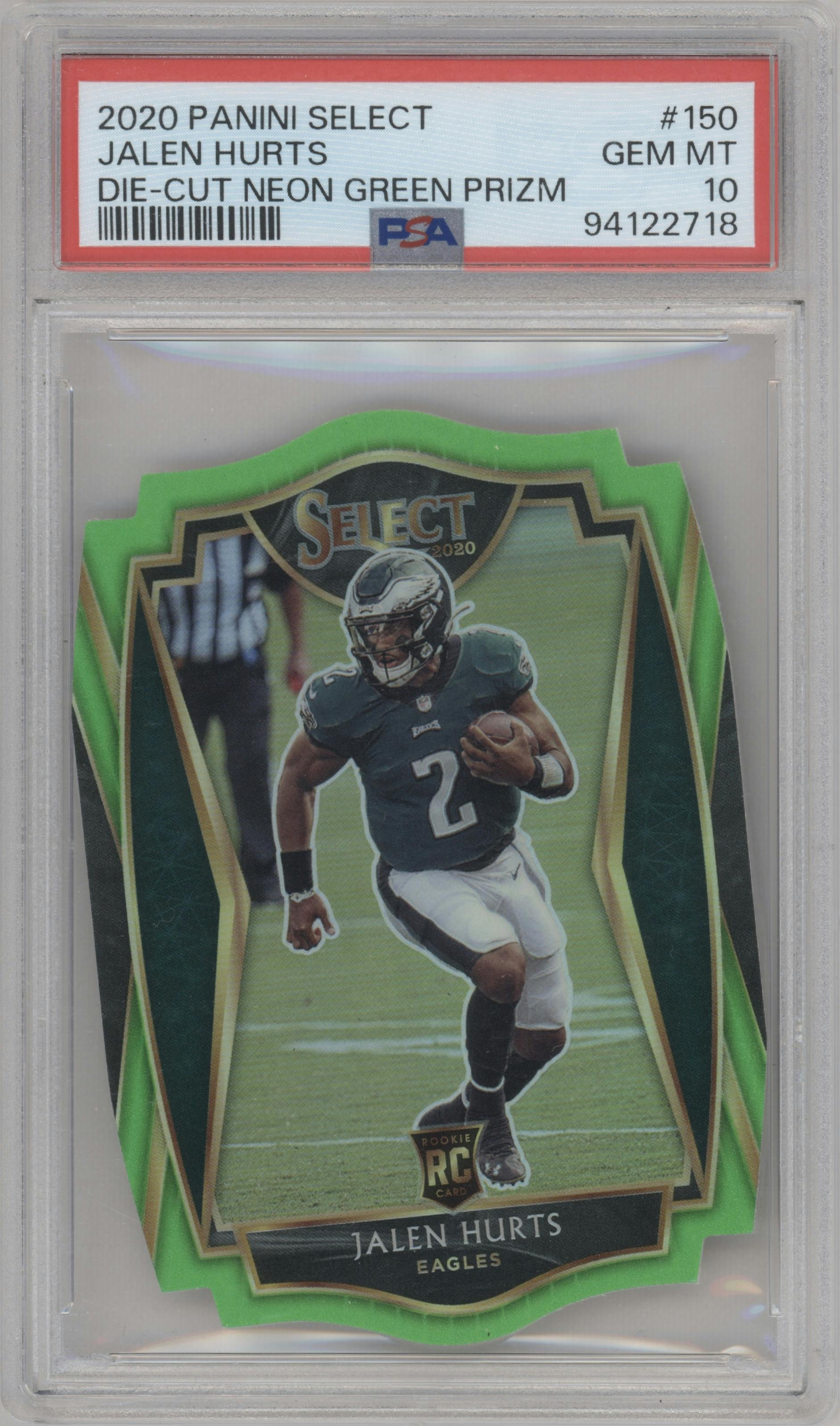 Jalen Hurts from the 2020 Panini Select set featuring a Die-Cut Neon Green parallel graded by PSA and given an overall grade of 10.