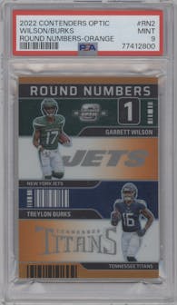 Garrett Wilson/Treylon Burks from the 2022 Panini Contenders Optic set featuring a Orange  parallel graded by PSA and given an overall grade of 9.