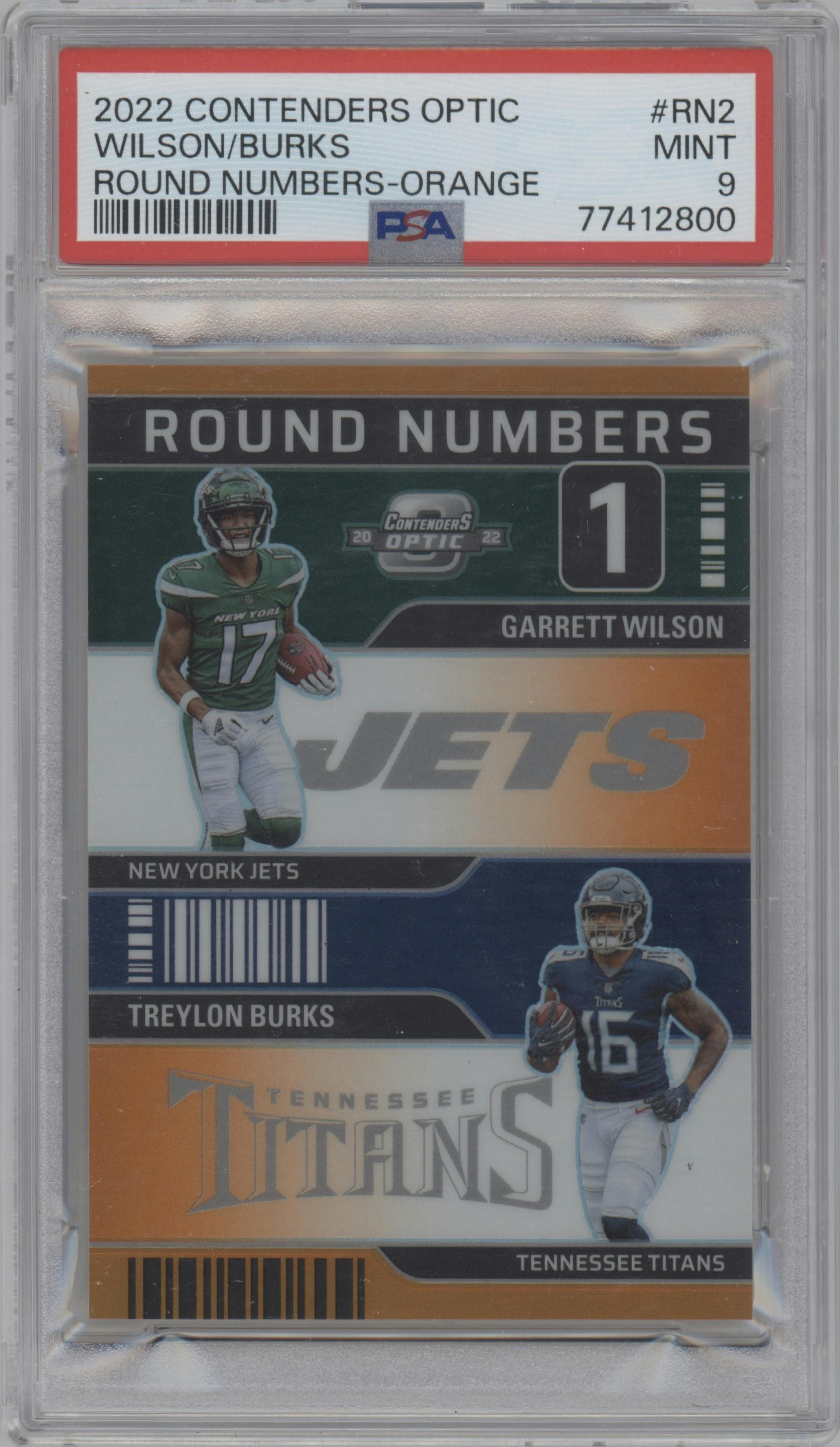 Garrett Wilson/Treylon Burks from the 2022 Panini Contenders Optic set featuring a Orange  parallel graded by PSA and given an overall grade of 9.