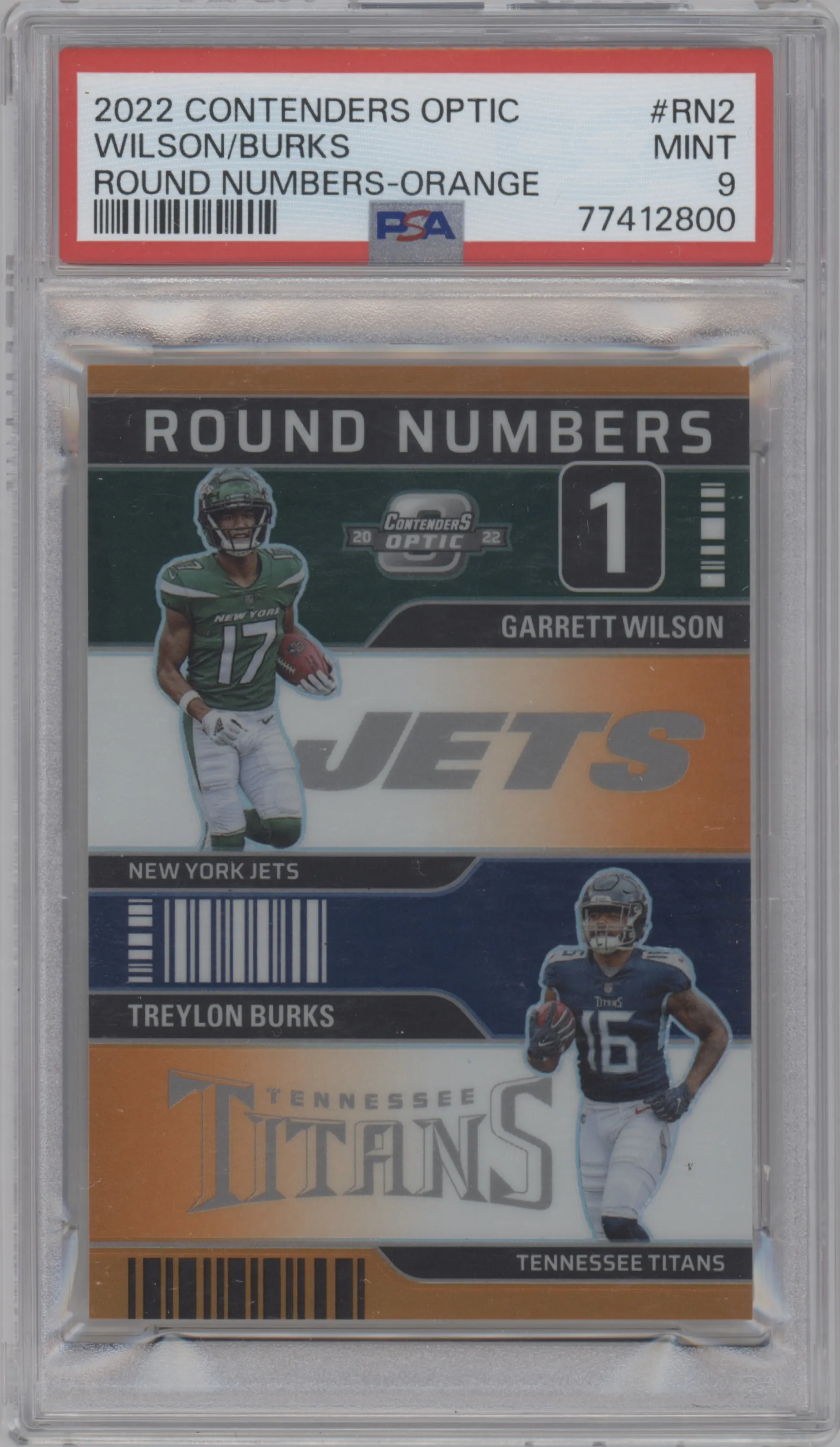 2022 Panini Contenders Optic Round Numbers Garrett Wilson/Treylon Burks Orange #RN-2 PSA 9
