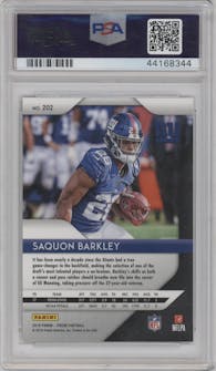 Saquon Barkley from the 2018 Panini Prizm set graded by PSA and given an overall grade of 10.