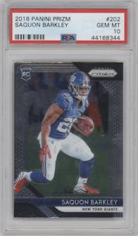 Saquon Barkley from the 2018 Panini Prizm set graded by PSA and given an overall grade of 10.