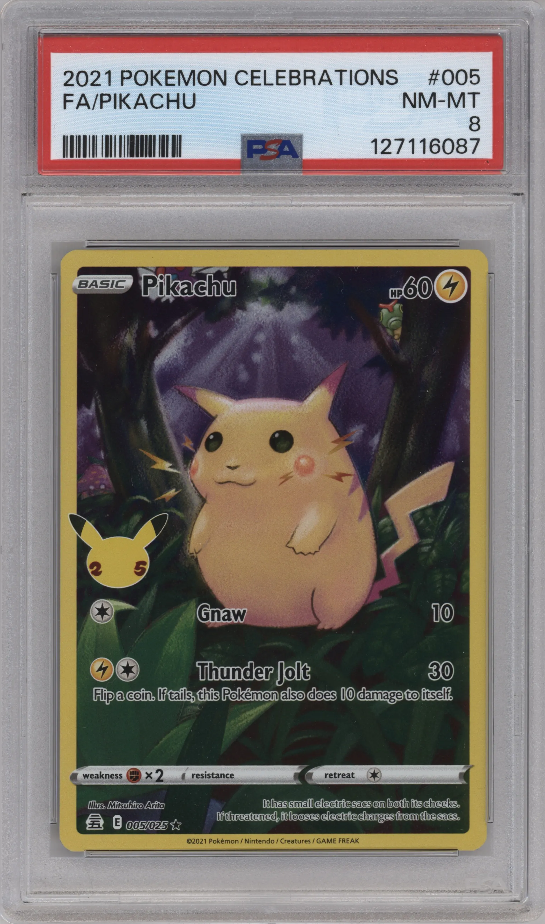 Pikachu from the 2021 Pokemon SWSH set graded by PSA and given an overall grade of 8.