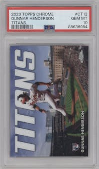 Gunnar Henderson from the 2023 Topps Chrome Update set graded by PSA and given an overall grade of 10.