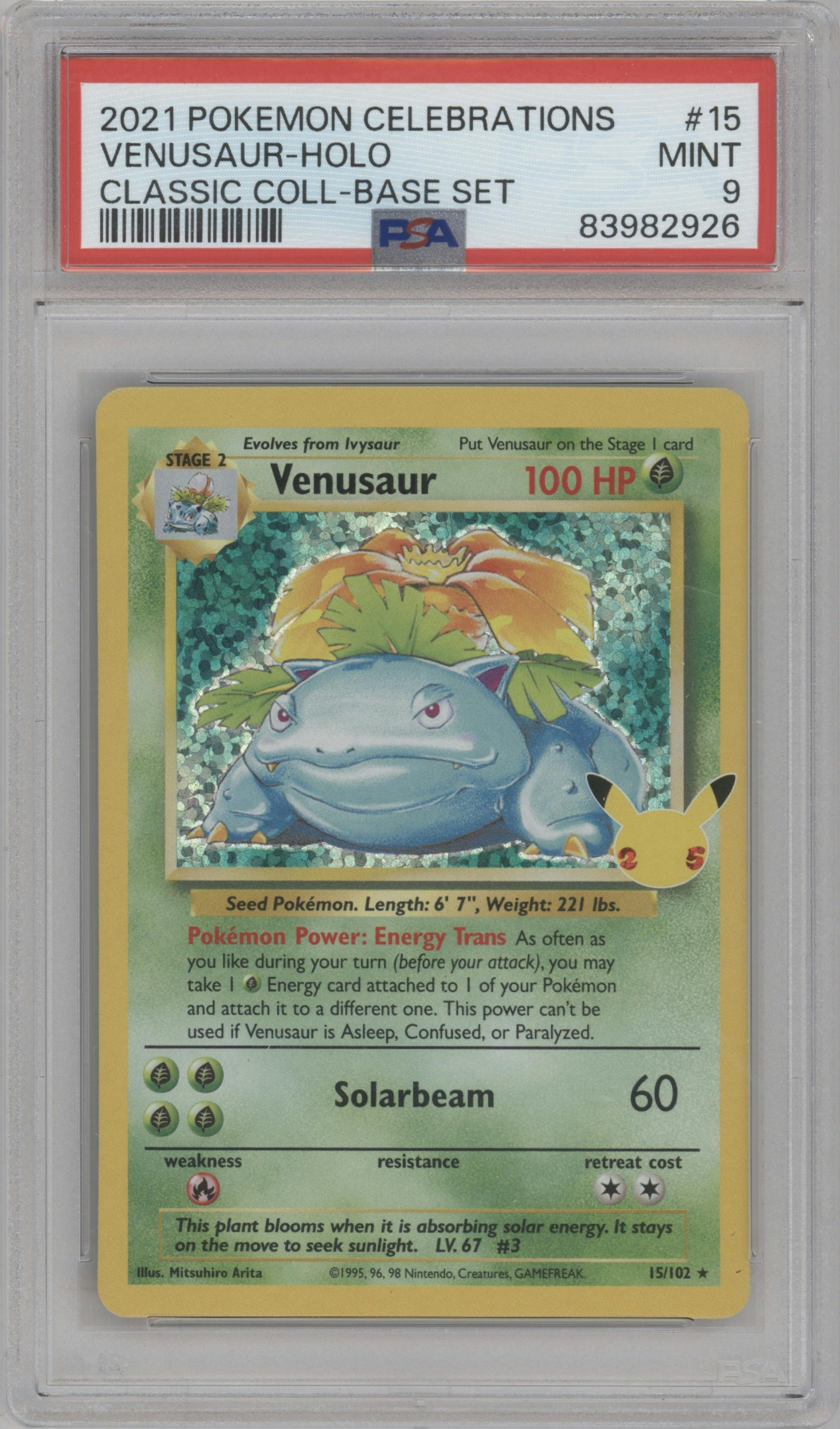 Venusaur from the 2021 Pokemon SWSH set featuring a Base Set parallel graded by PSA and given an overall grade of 9.