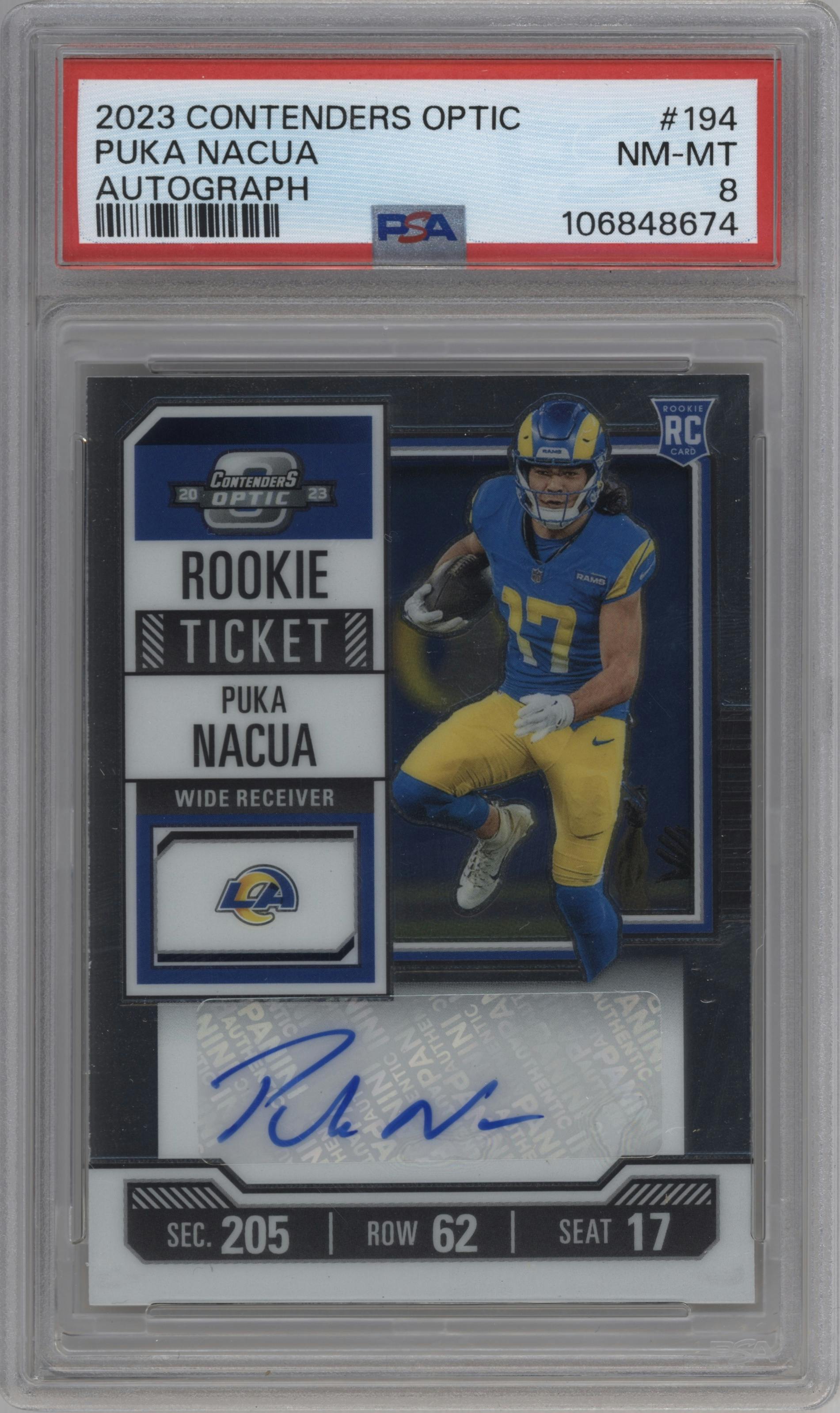 Puka Nacua from the 2023 Panini Contenders Optic set graded by PSA and given an overall grade of 8.