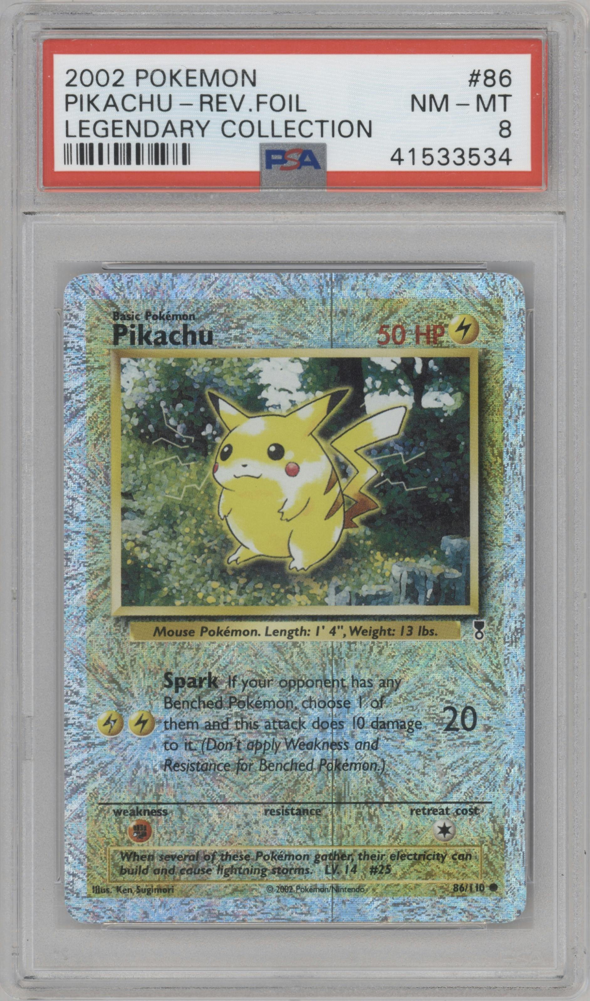 Pikachu from the 2002 Pokemon  set graded by PSA and given an overall grade of 8.