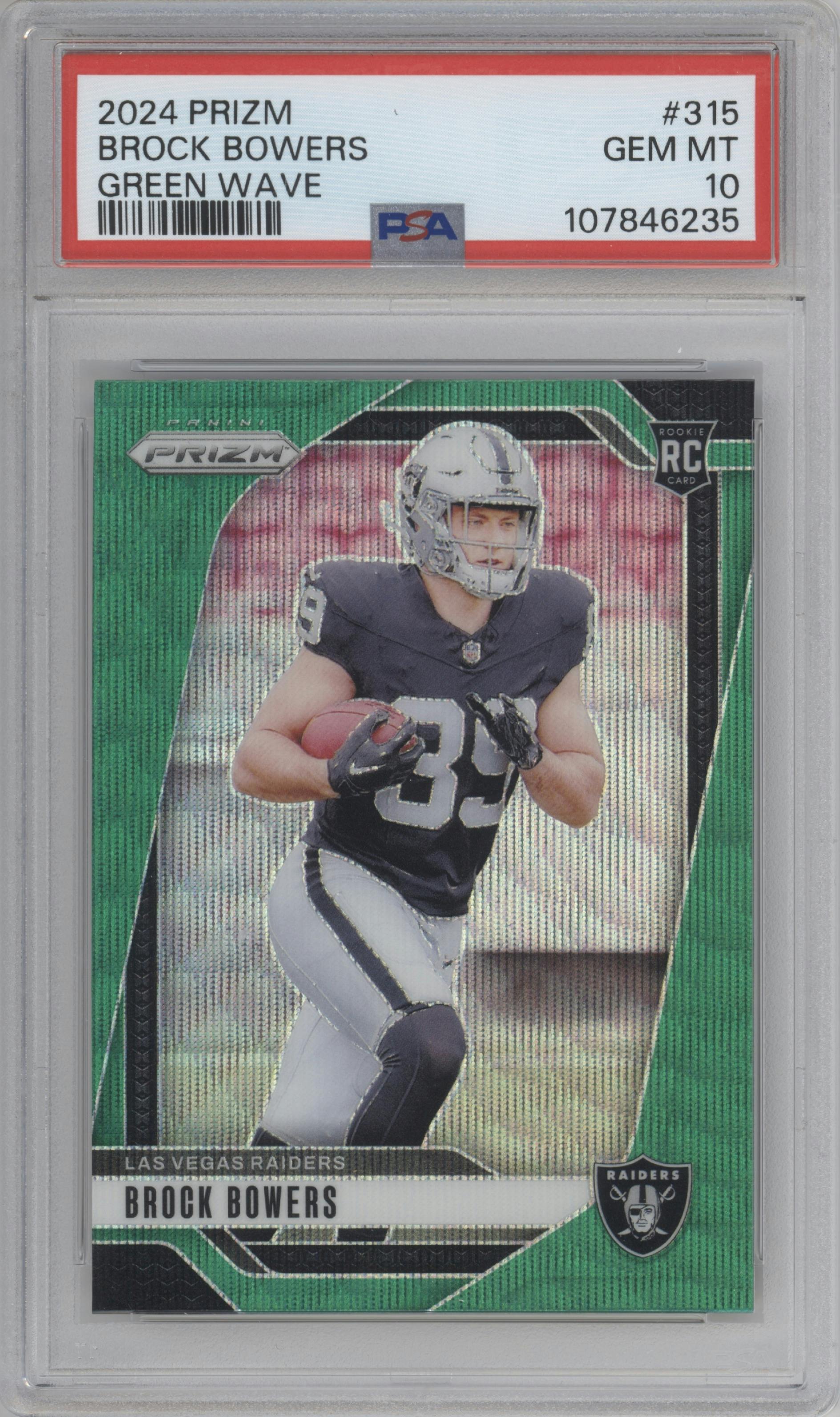 Brock Bowers from the 2024 Panini Prizm set featuring a Green Wave parallel graded by PSA and given an overall grade of 10.