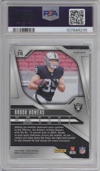 Brock Bowers from the 2024 Panini Prizm set featuring a Green Wave parallel graded by PSA and given an overall grade of 10.