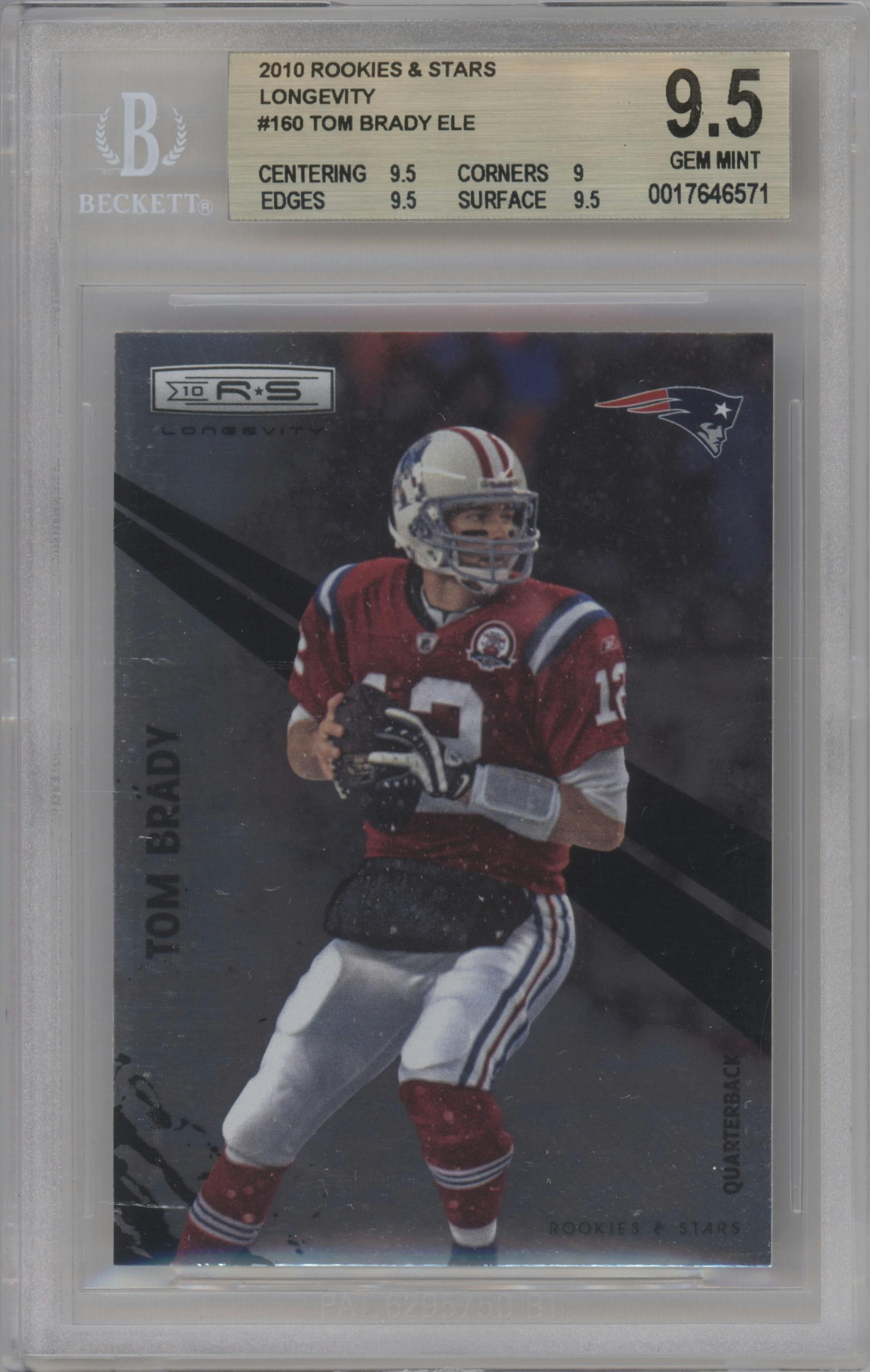 Tom Brady from the 2010 Panini Rookies & Stars Longevity set graded by Beckett and given an overall grade of 9.5.