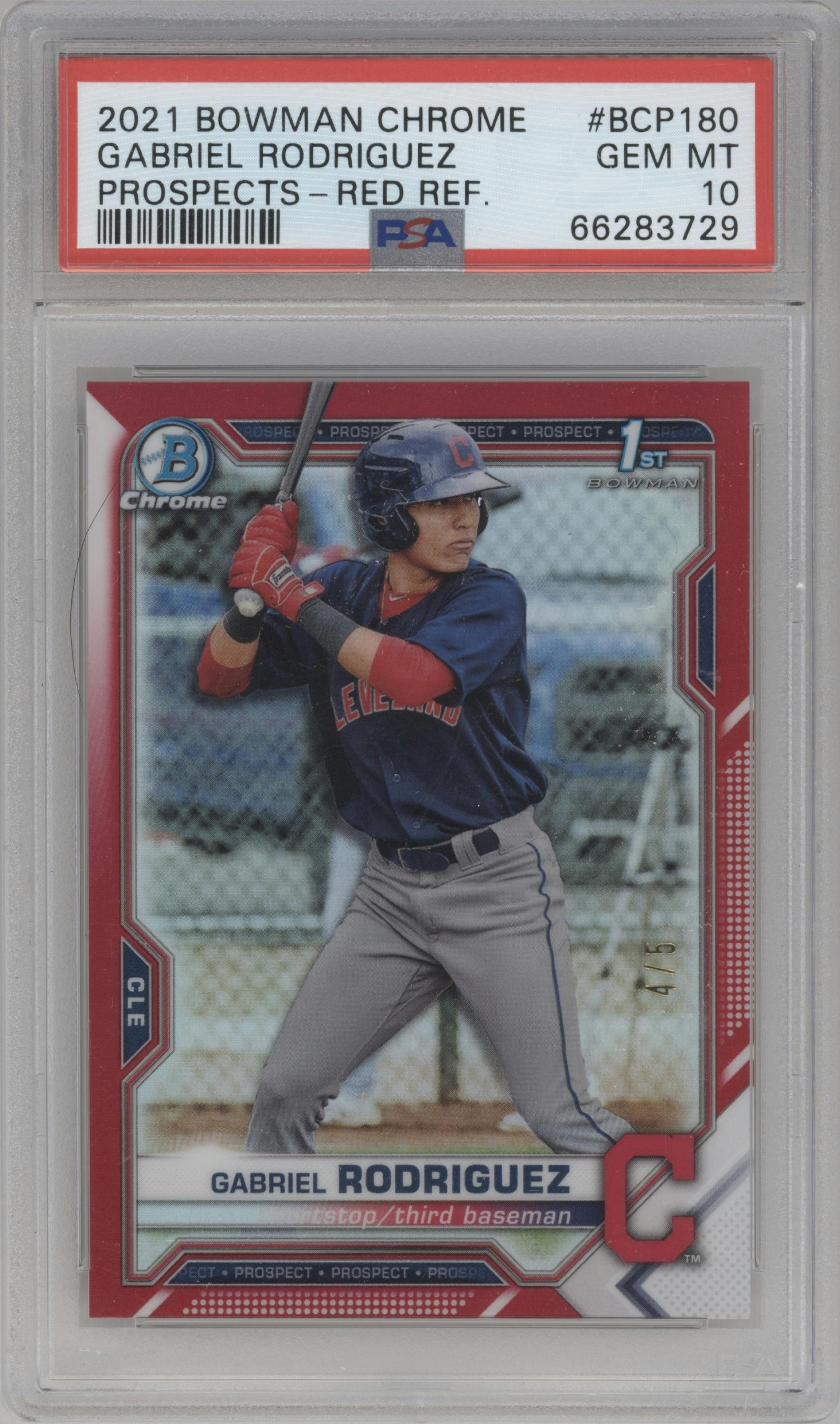 Gabriel Rodriguez from the 2021 Bowman Chrome set featuring a Red Refractor parallel graded by PSA and given an overall grade of 10.