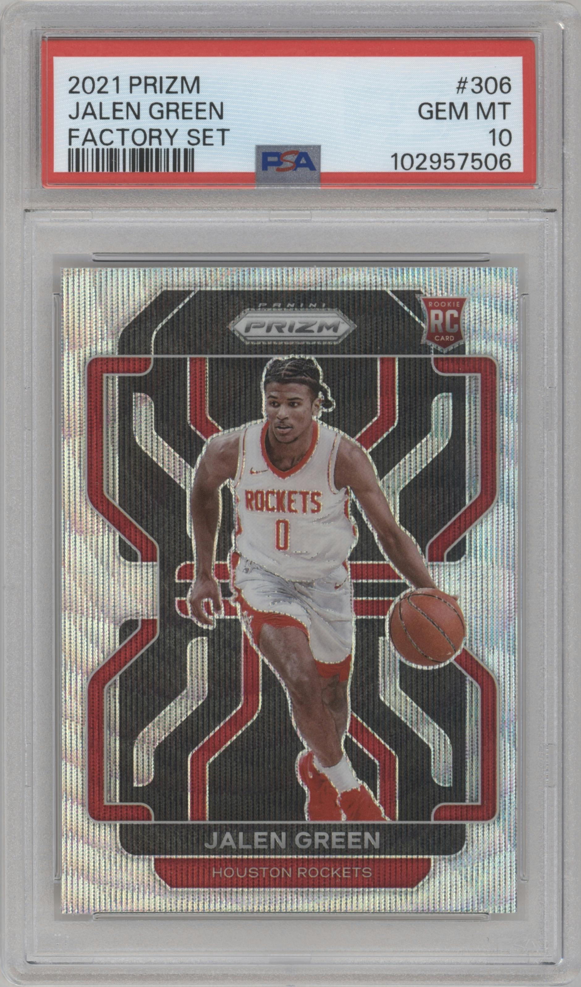 Jalen Green from the 2021-22 Panini Prizm  set featuring a Silver Wave parallel graded by PSA and given an overall grade of 10.
