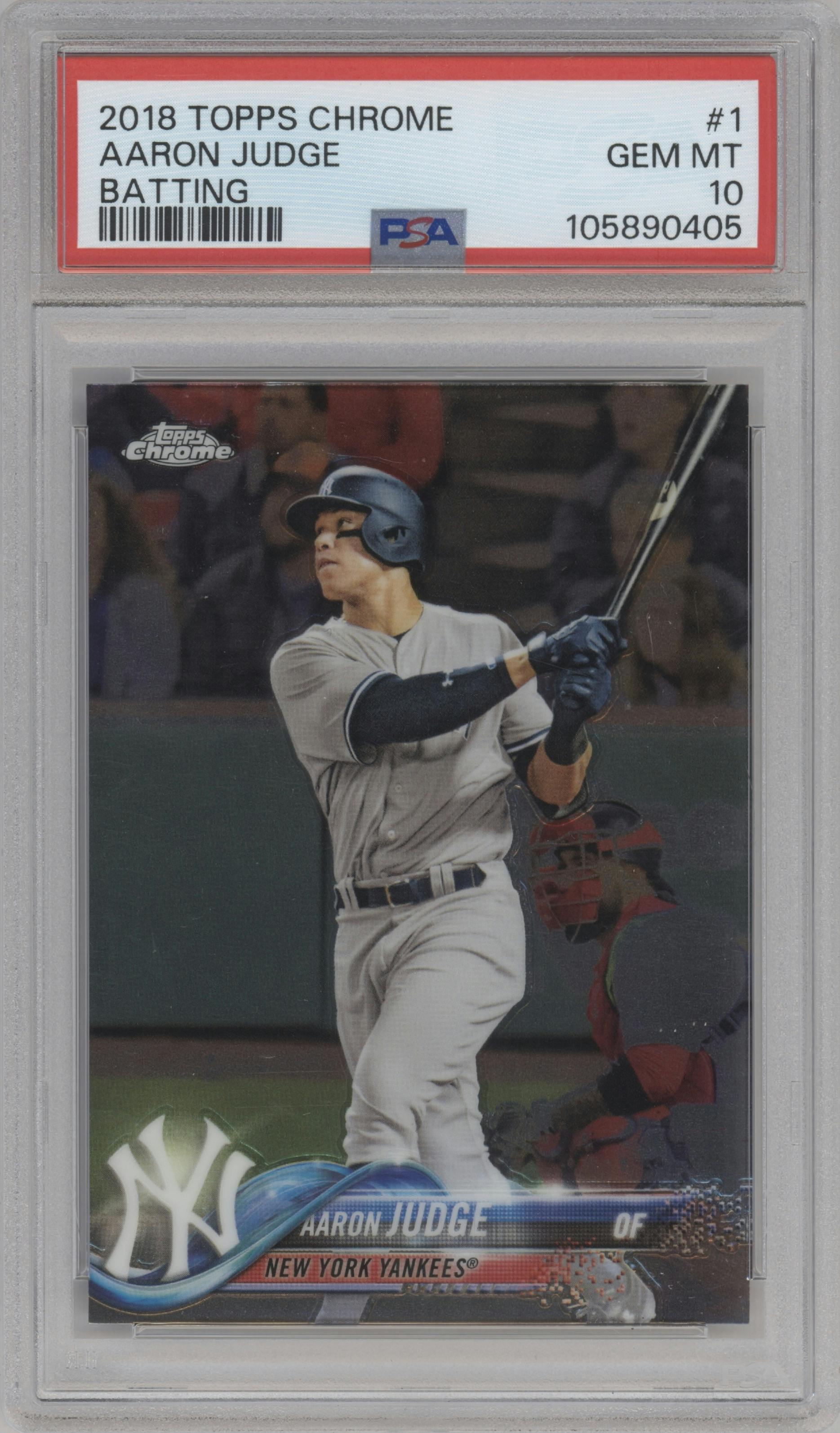 Aaron Judge from the 2018 Topps Chrome set graded by PSA and given an overall grade of 10.