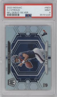 C.J. Stroud  from the 2023 Panini Mosaic set featuring a Silver parallel graded by PSA and given an overall grade of 9.