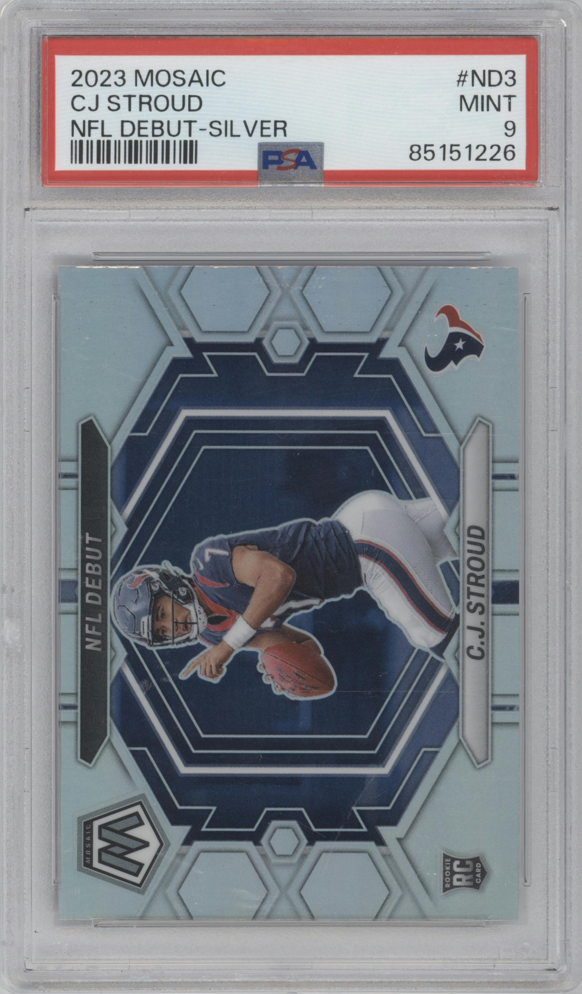 C.J. Stroud  from the 2023 Panini Mosaic set featuring a Silver parallel graded by PSA and given an overall grade of 9.