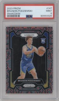 Brandin Podziemski from the 2023-24 Panini Prizm set featuring a Snakeskin parallel graded by PSA and given an overall grade of 9.