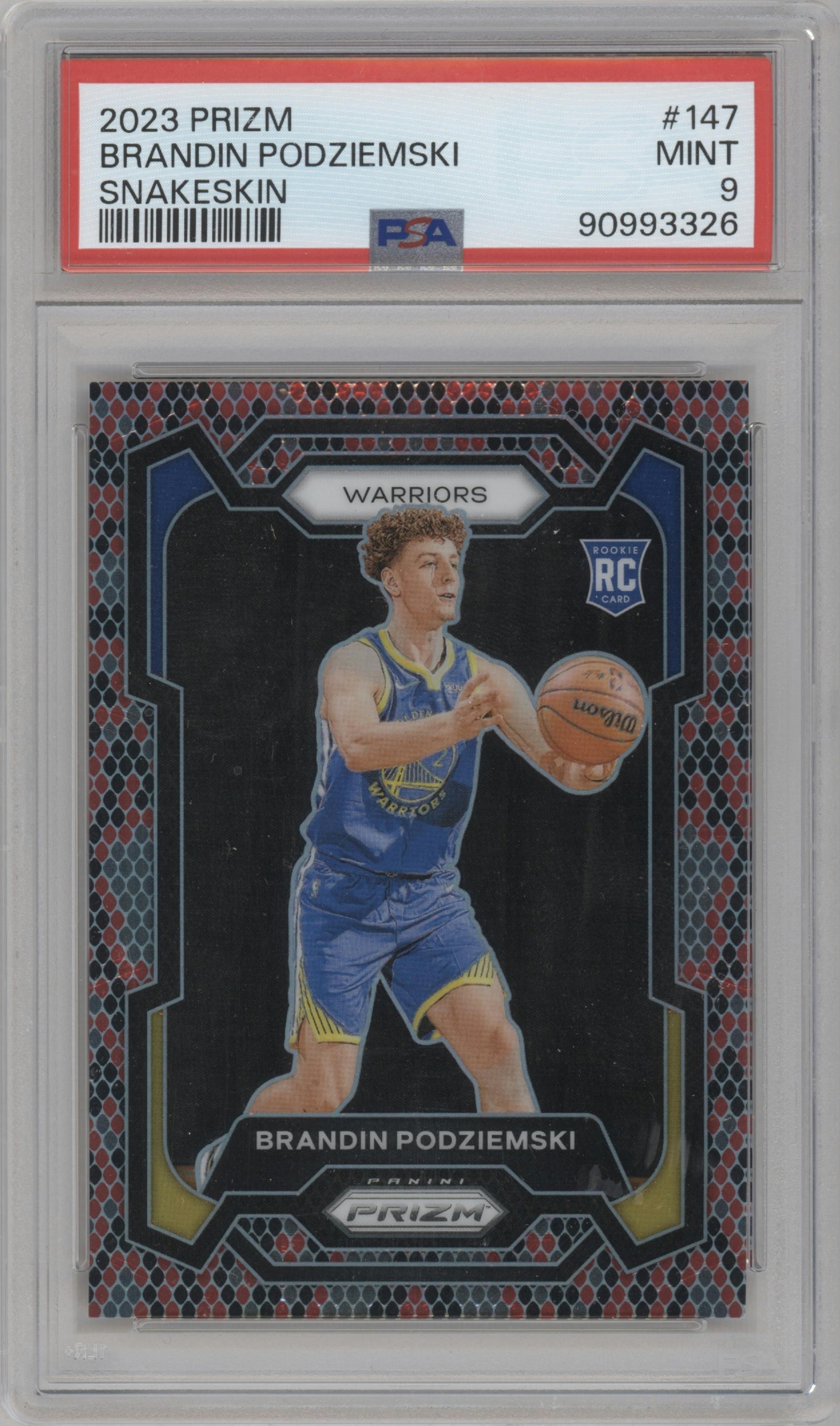 Brandin Podziemski from the 2023-24 Panini Prizm set featuring a Snakeskin parallel graded by PSA and given an overall grade of 9.