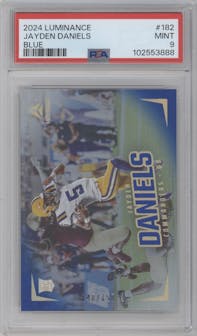 Jayden Daniels from the 2024 Panini Luminance set featuring a Blue parallel graded by PSA and given an overall grade of 9.