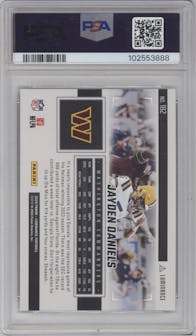 Jayden Daniels from the 2024 Panini Luminance set featuring a Blue parallel graded by PSA and given an overall grade of 9.