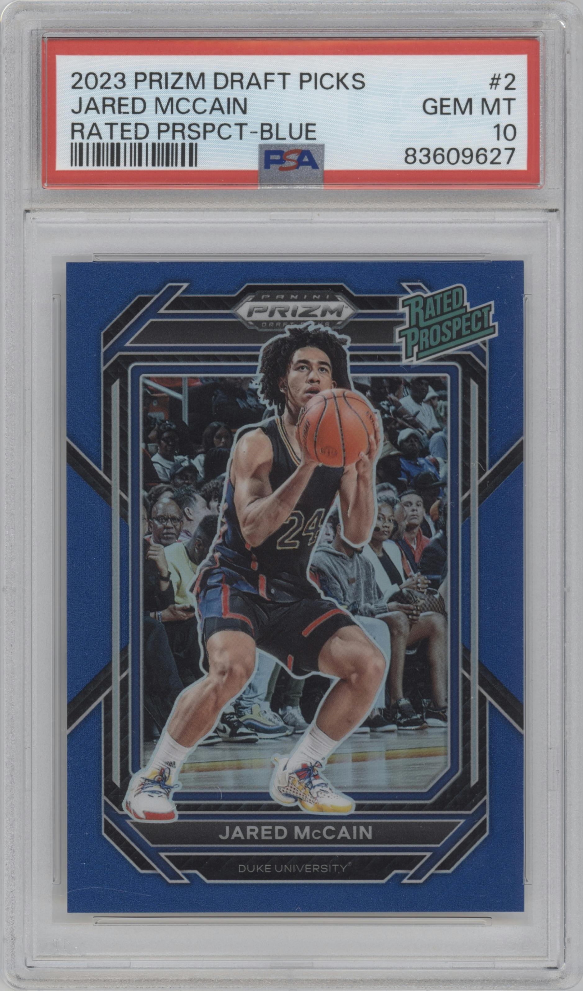 Jared McCain from the 2023-24 Panini Prizm Draft Picks set featuring a Blue parallel graded by PSA and given an overall grade of 10.
