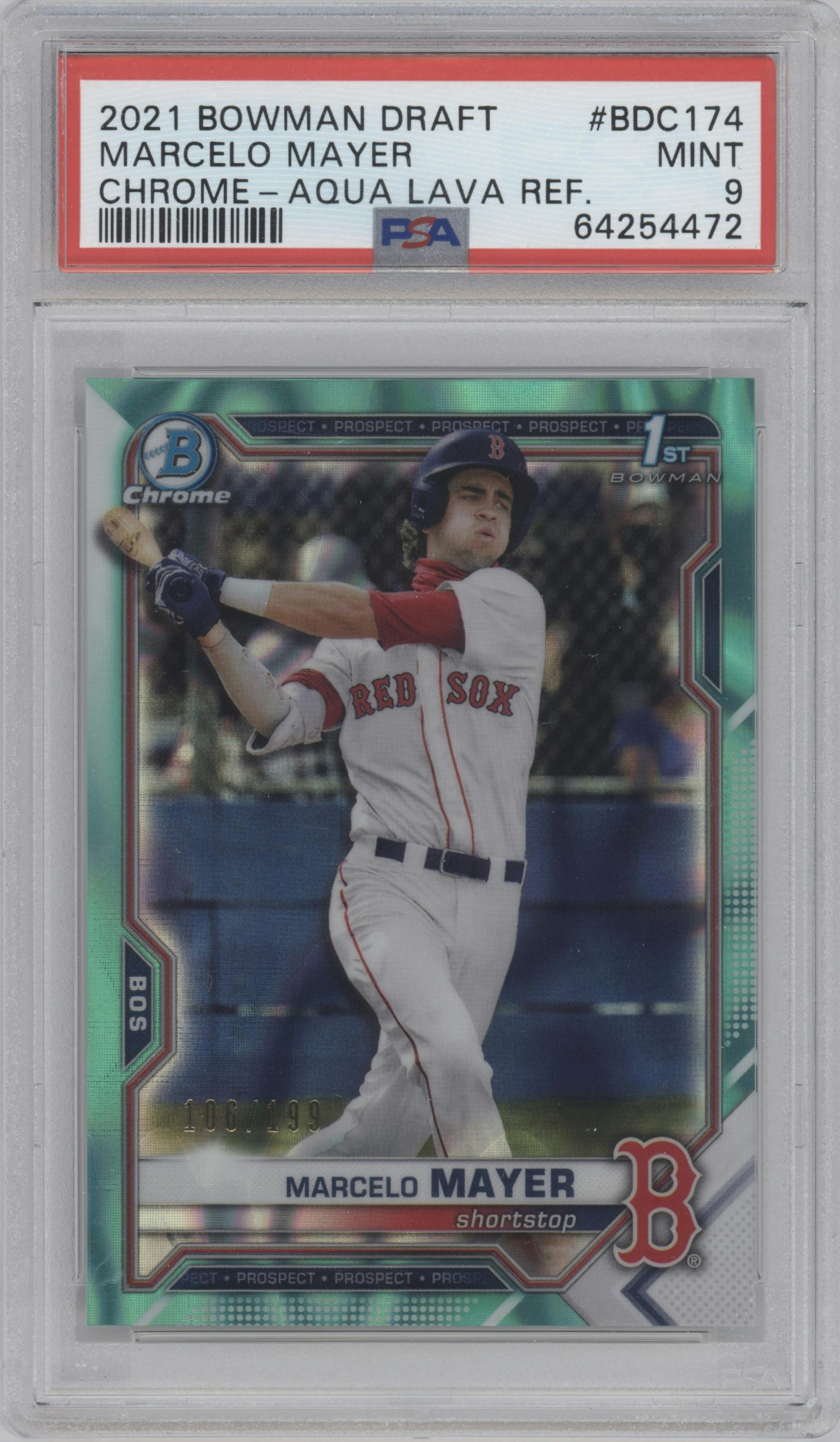 Marcelo Mayer from the 2021 Bowman Draft set featuring a Aqua Lava Refractor parallel graded by PSA and given an overall grade of 9.