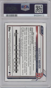 Marcelo Mayer from the 2021 Bowman Draft set featuring a Aqua Lava Refractor parallel graded by PSA and given an overall grade of 9.