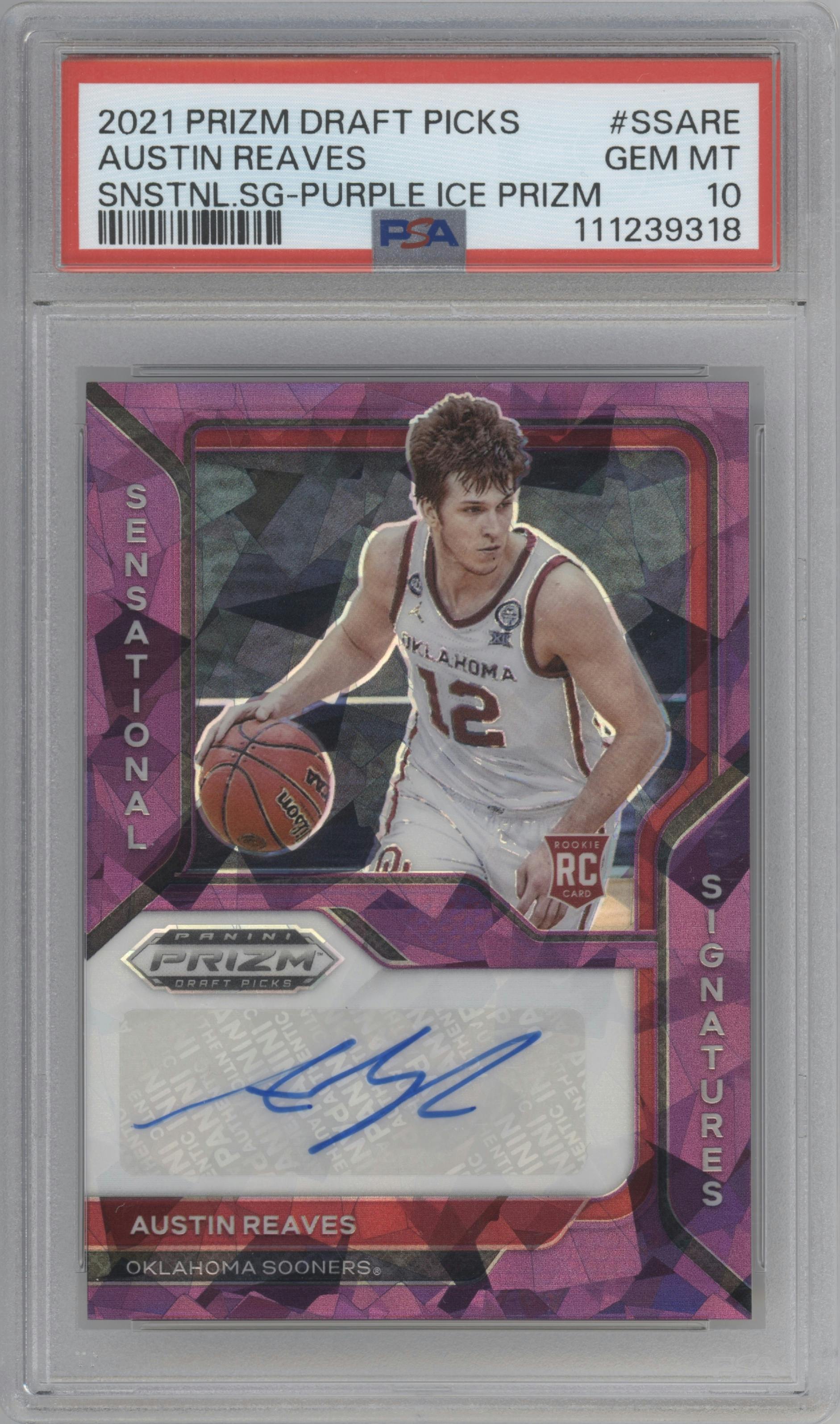 Austin Reaves from the 2021-22 Panini Prizm Draft Picks set featuring a Purple Ice parallel graded by PSA and given an overall grade of 10.