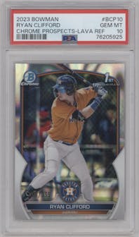 Ryan Clifford from the 2023 Bowman  set featuring a Lava Refractor parallel graded by PSA and given an overall grade of 10.