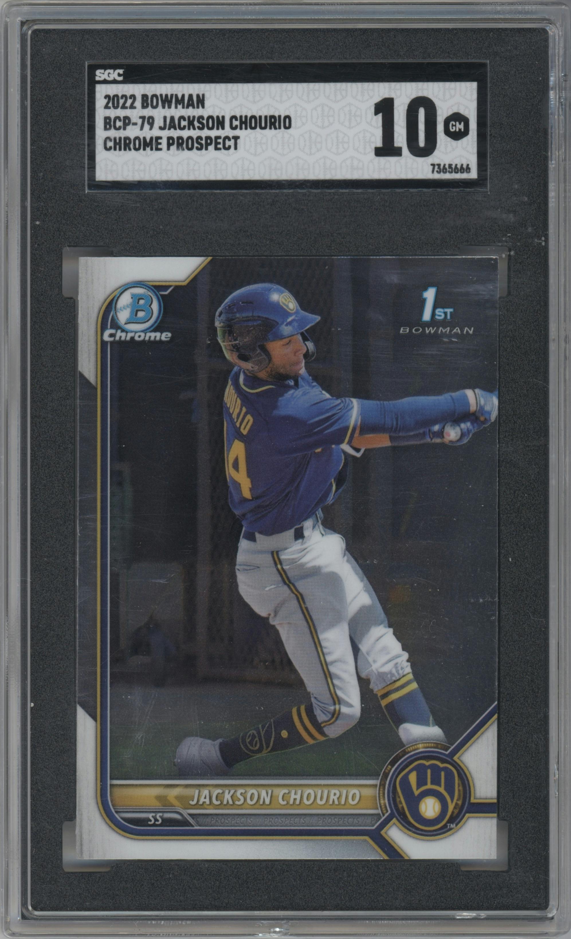 Jackson Chourio from the 2022 Bowman set graded by SGC and given an overall grade of 10.
