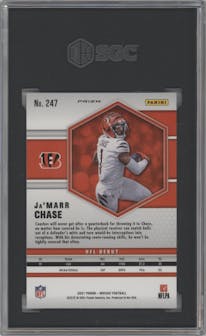 Ja'Marr Chase from the 2021 Panini Mosaic set featuring a Pink Camo parallel graded by SGC and given an overall grade of 9.5.