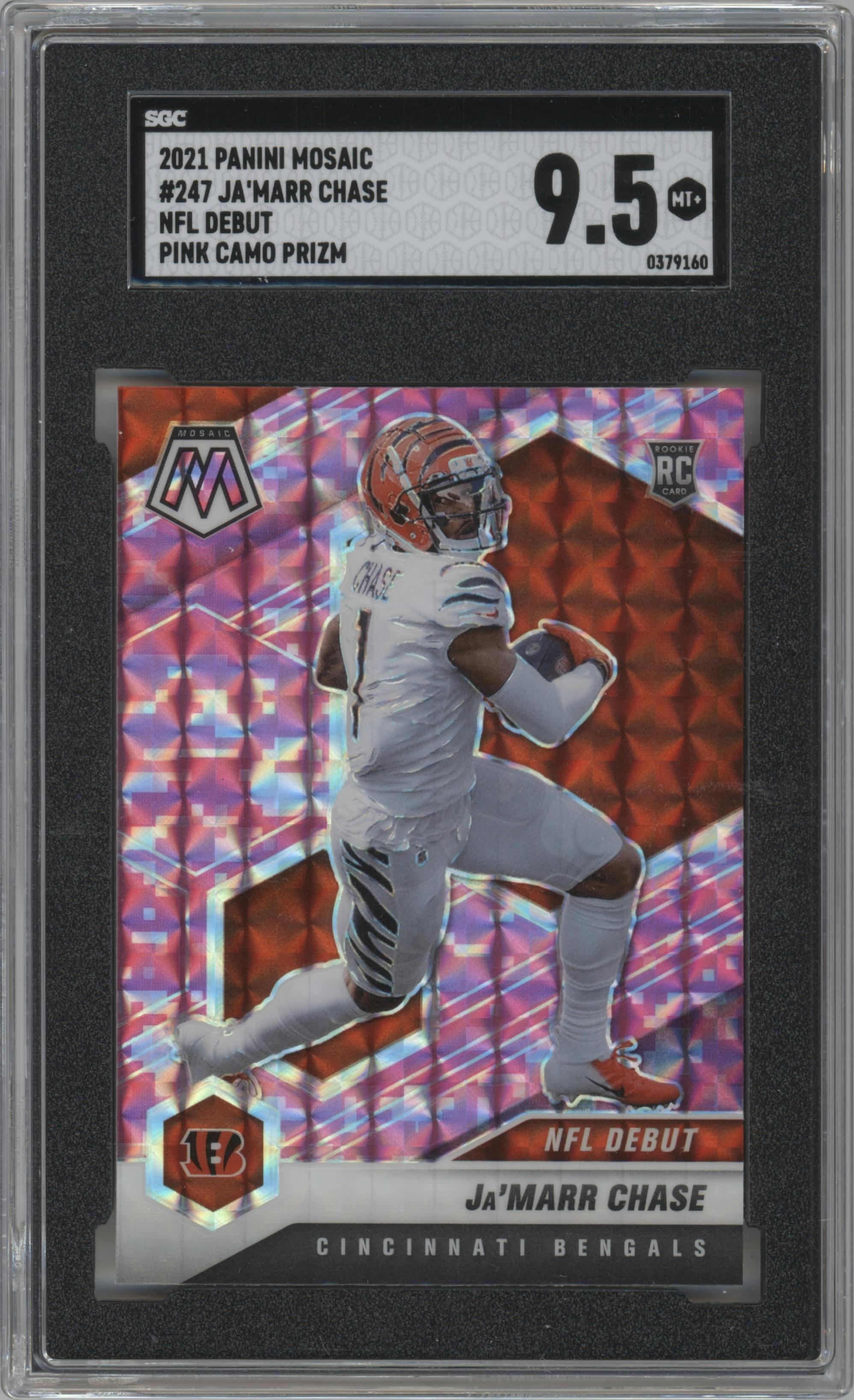 Ja'Marr Chase from the 2021 Panini Mosaic set featuring a Pink Camo parallel graded by SGC and given an overall grade of 9.5.