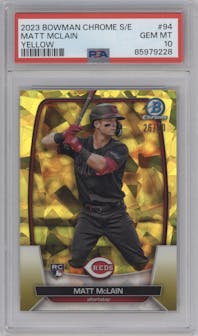 Matt McLain from the 2023 Bowman Chrome Sapphire Edition set featuring a Yellow parallel graded by PSA and given an overall grade of 10.
