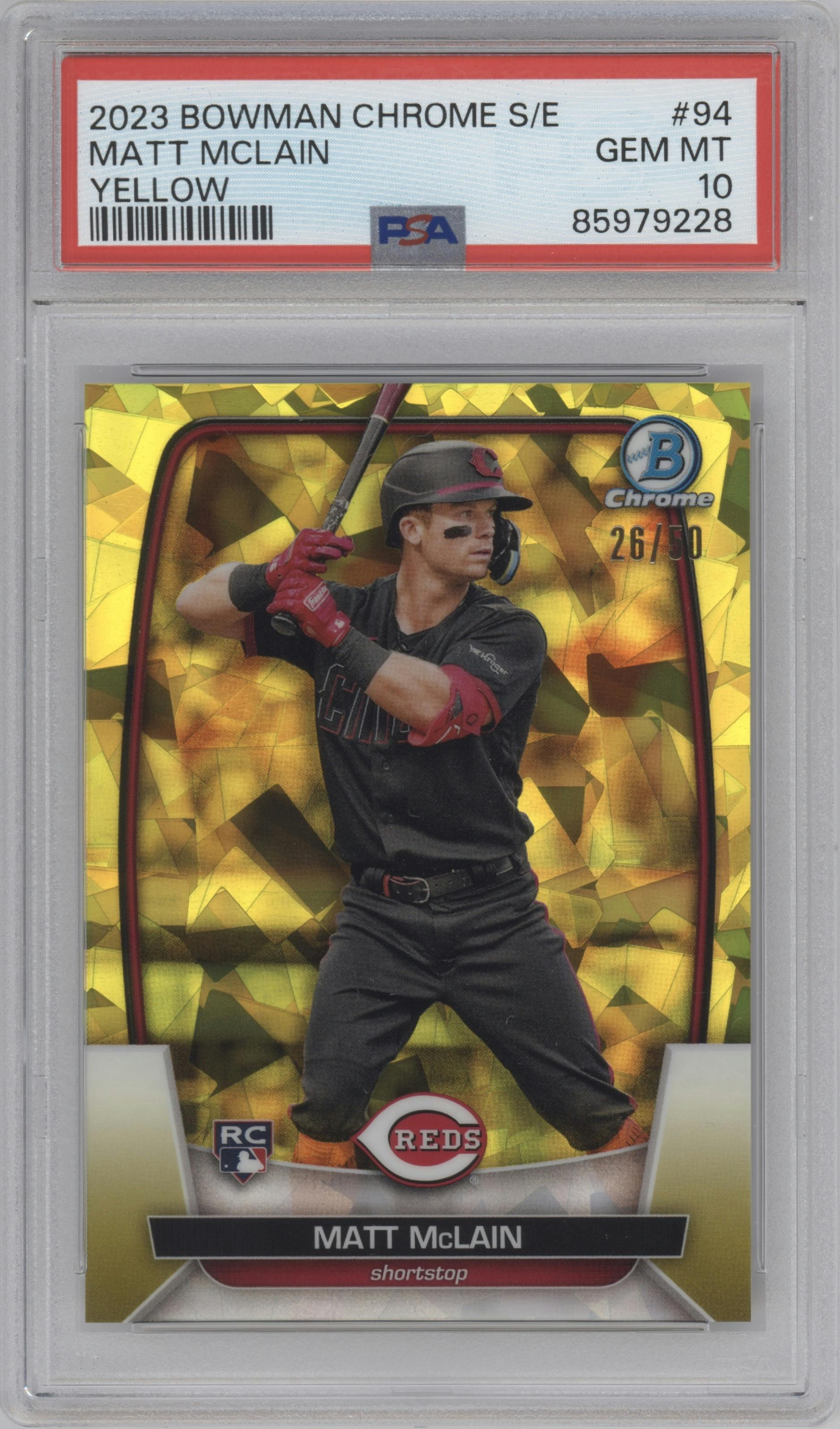 Matt McLain from the 2023 Bowman Chrome Sapphire Edition set featuring a Yellow parallel graded by PSA and given an overall grade of 10.