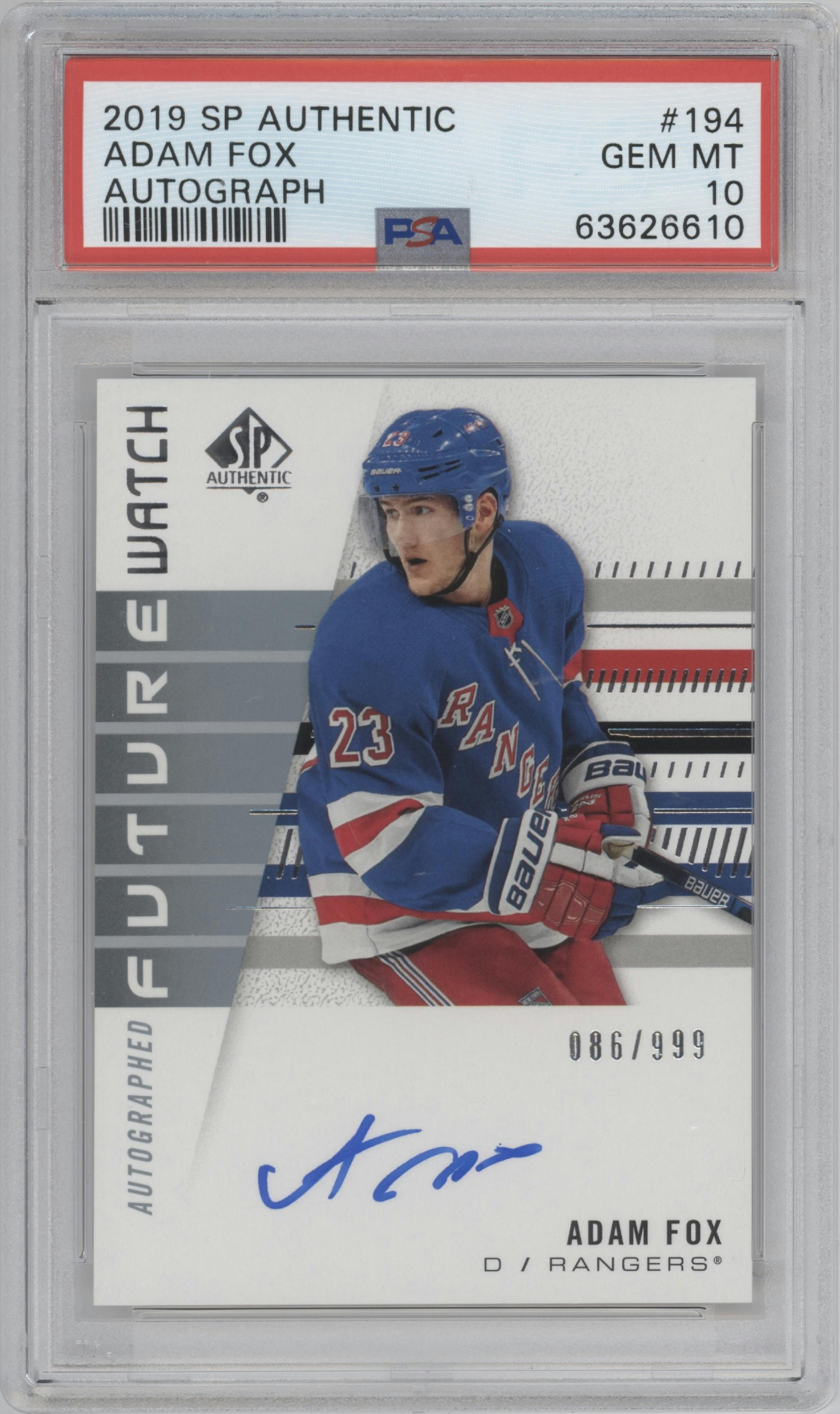 Adam Fox from the 2019-20 SP Authentic set graded by PSA and given an overall grade of 10.