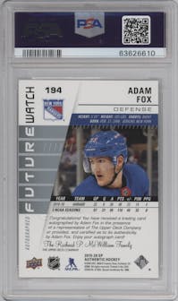 Adam Fox from the 2019-20 SP Authentic set graded by PSA and given an overall grade of 10.