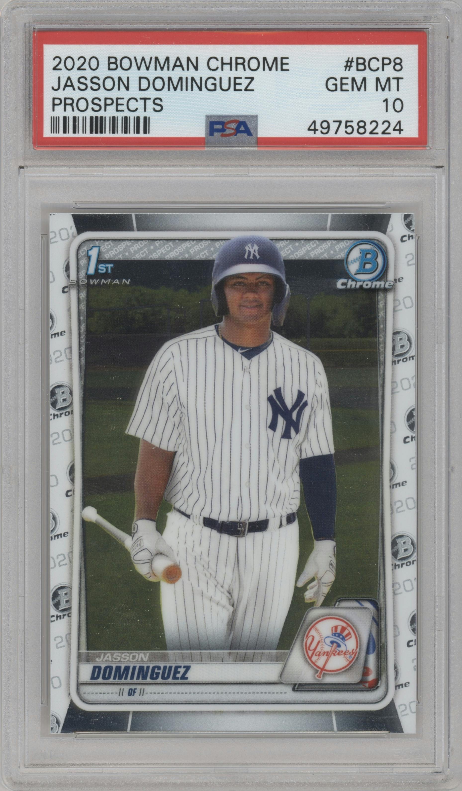 Jasson Dominguez from the 2020 Bowman set graded by PSA and given an overall grade of 10.