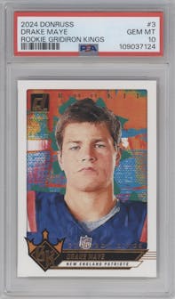 Drake Maye  from the 2024 Donruss set graded by PSA and given an overall grade of 10.