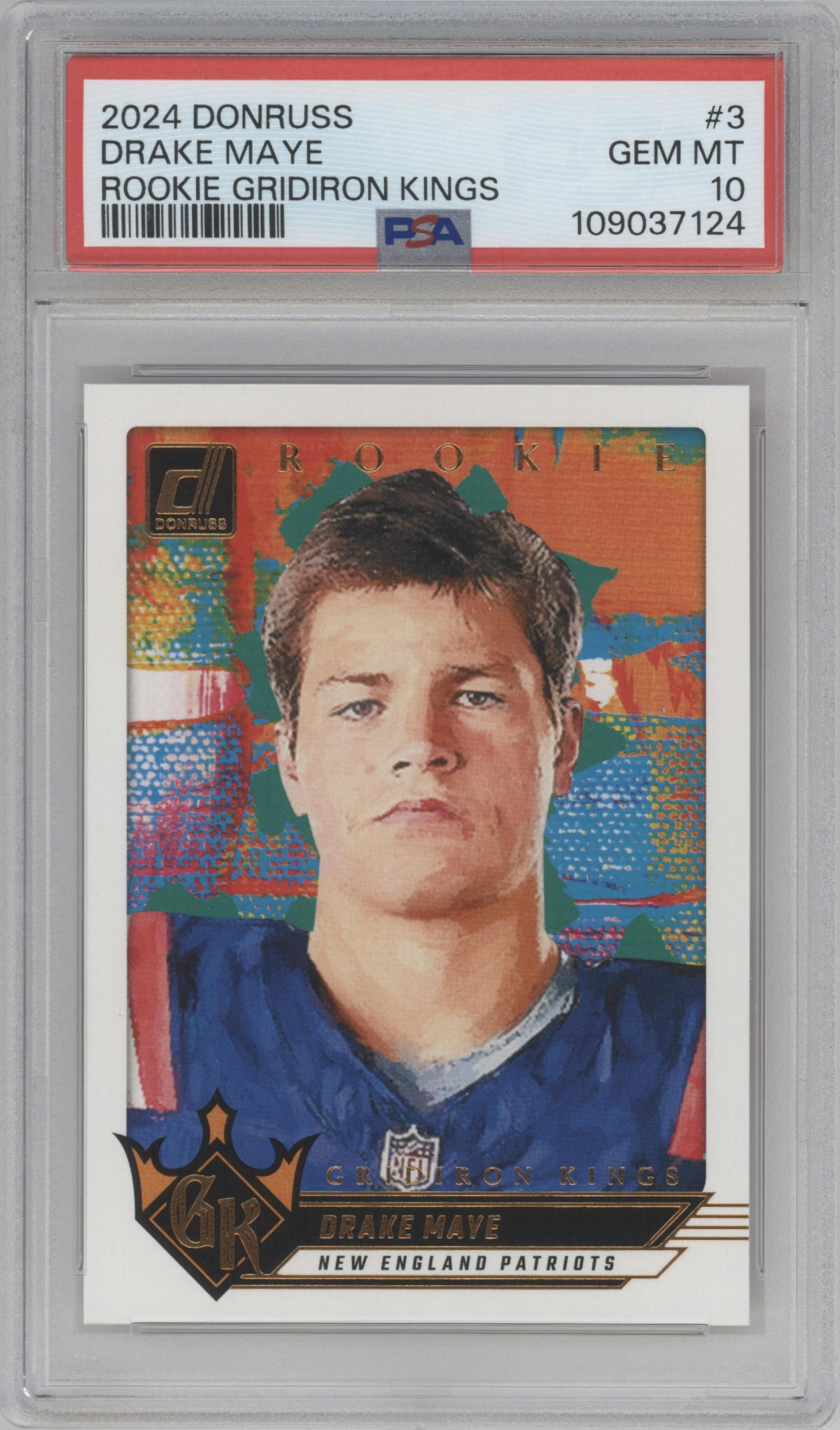 Drake Maye  from the 2024 Donruss set graded by PSA and given an overall grade of 10.
