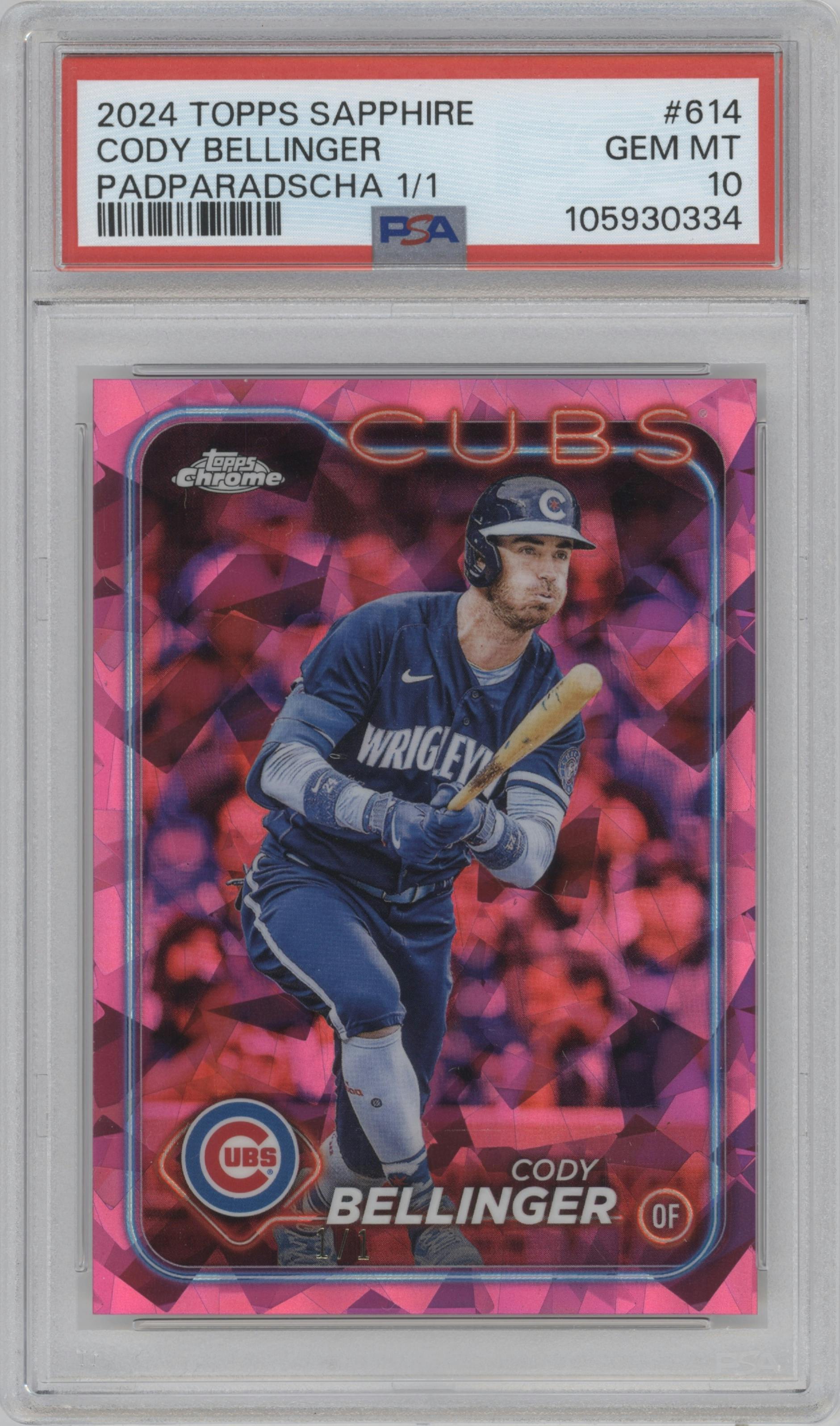 Cody Bellinger from the 2024 Topps Chrome Sapphire set featuring a Padparadscha parallel graded by PSA and given an overall grade of 10.