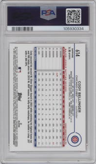 Cody Bellinger from the 2024 Topps Chrome Sapphire set featuring a Padparadscha parallel graded by PSA and given an overall grade of 10.