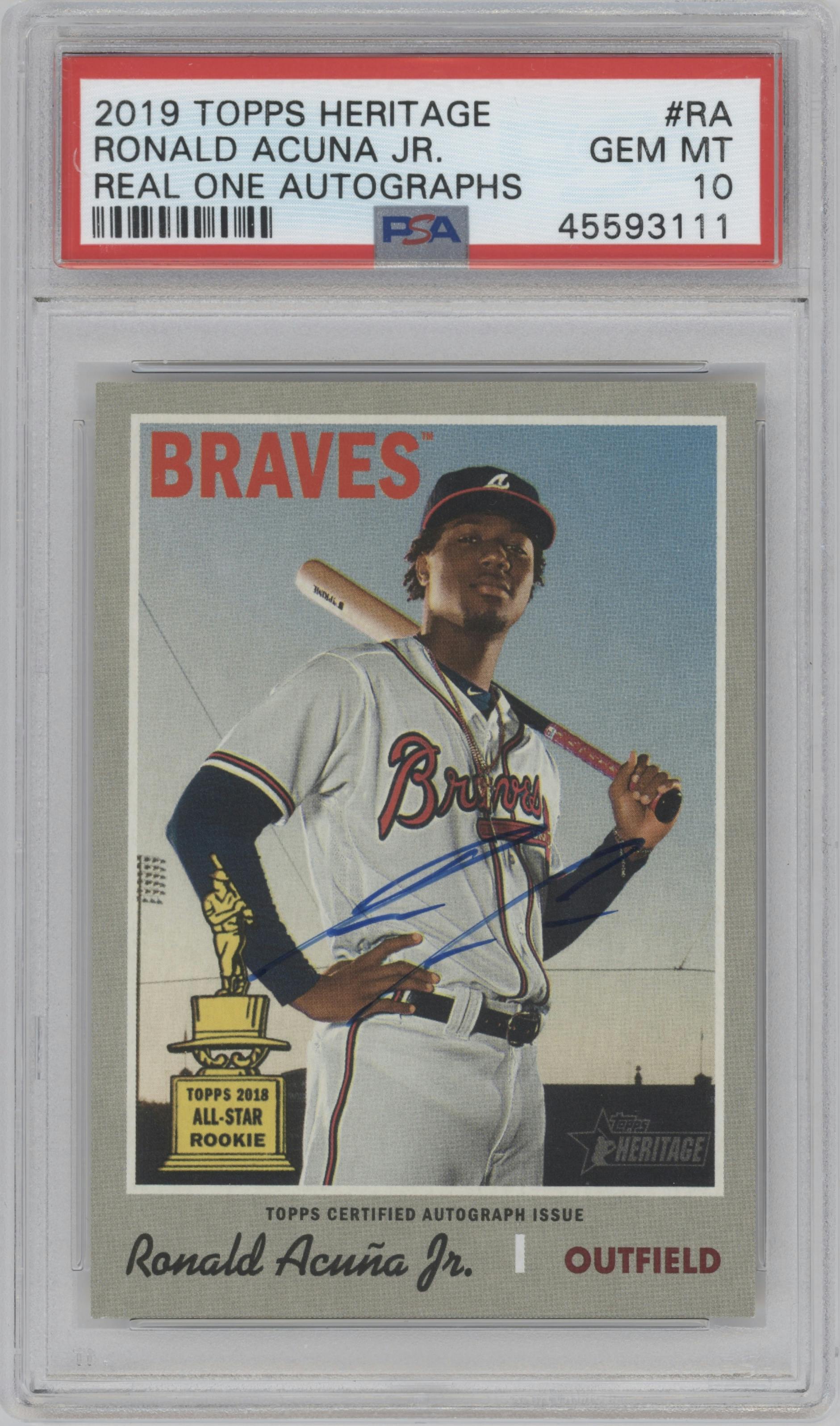 Ronald Acuna Jr. from the 2019 Topps Heritage HN set graded by PSA and given an overall grade of 10.