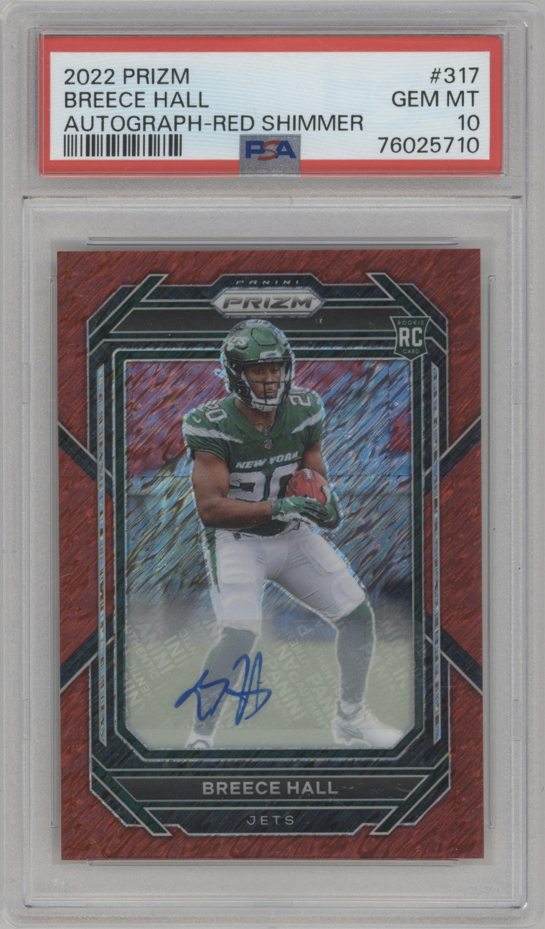 Breece Hall  from the 2022 Panini Prizm set featuring a Red Shimmer parallel graded by PSA and given an overall grade of 10.