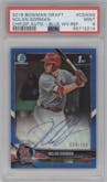 Nolan Gorman from the 2018 Bowman Draft set featuring a Blue Wave Refractor parallel graded by PSA and given an overall grade of 9.