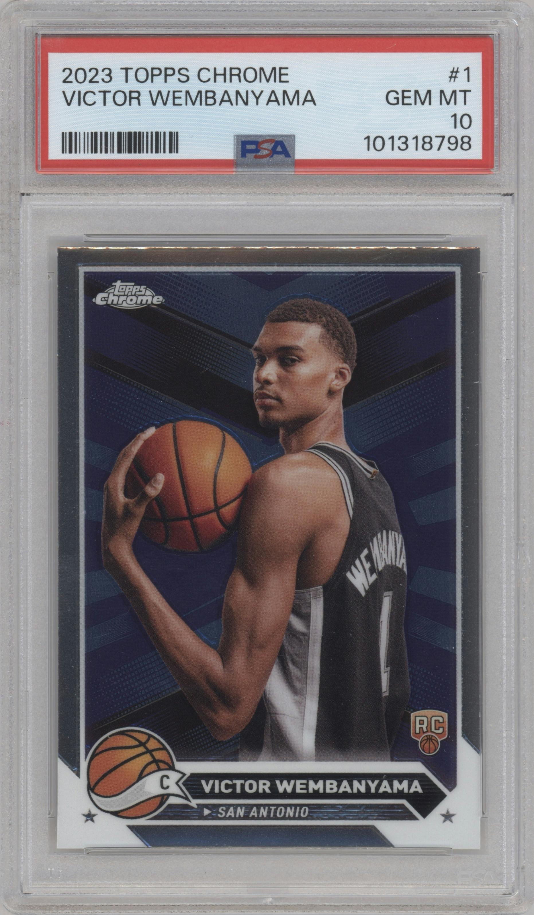 Victor Wembanyama from the 2023-24 Topps Chrome set graded by PSA and given an overall grade of 10.