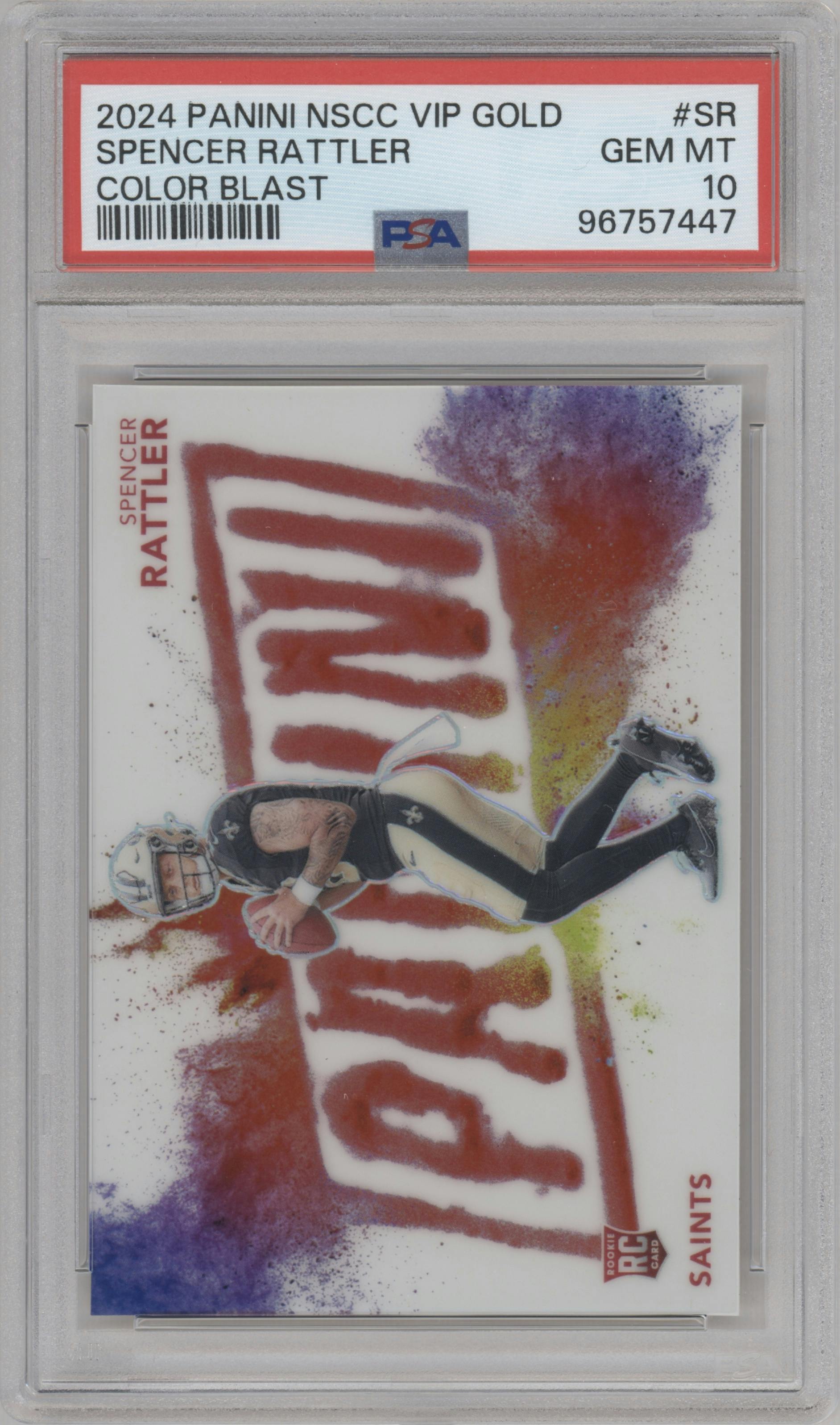 Spencer Rattler from the 2024 Panini The National VIP set graded by PSA and given an overall grade of 10.