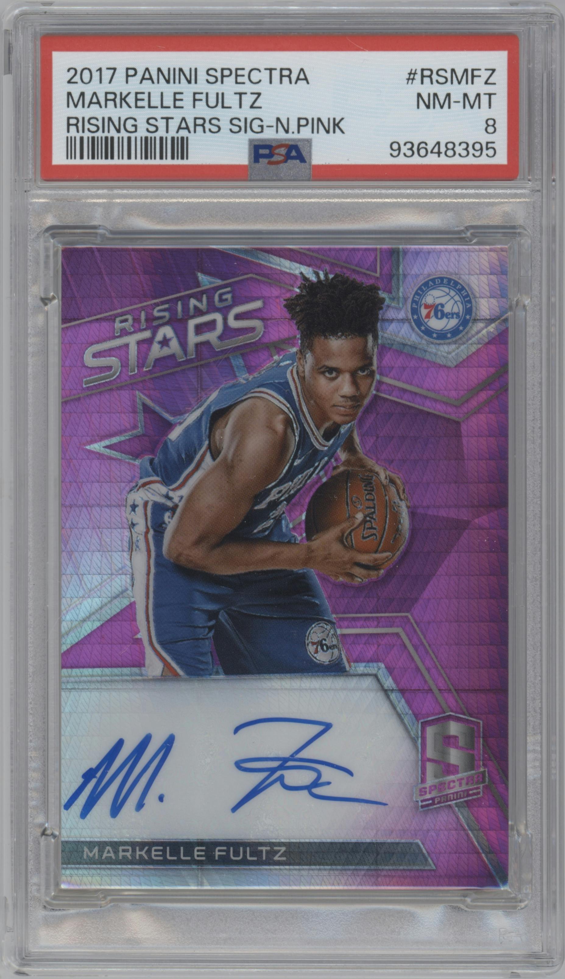 Markelle Fultz from the 2017-18 Panini Spectra set featuring a Neon Pink parallel graded by PSA and given an overall grade of 8.