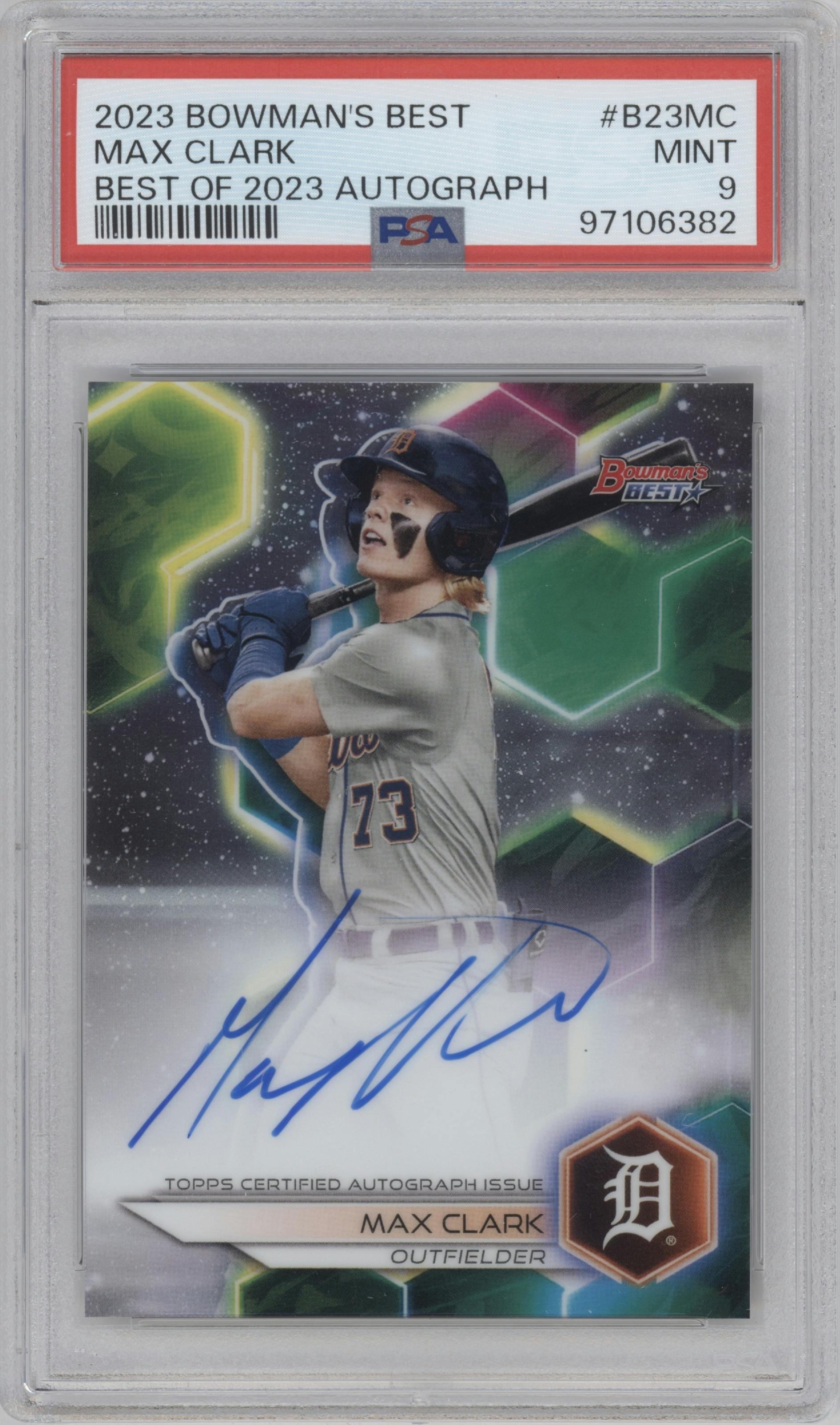 Max Clark from the 2023 Bowman's Best set graded by PSA and given an overall grade of 9.