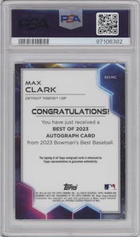 Max Clark from the 2023 Bowman's Best set graded by PSA and given an overall grade of 9.