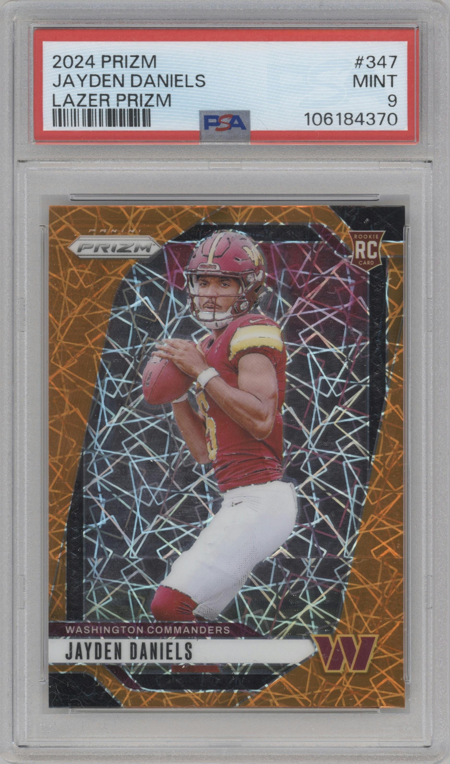 Jayden Daniels from the 2024 Panini Prizm set featuring a Lazer Prizm parallel graded by PSA and given an overall grade of 9.